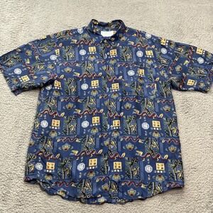 Whitby 100% Washed Silk Shirt Mens XL Blue Vintage Dragon Allover‎ Print